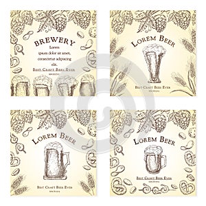 Beer labels vector vintage set. pub banners, flyers in retro engraved style. various frames with hops vine, wheat or