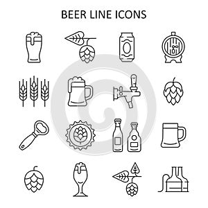 Beer line icon set. Vector collection symbol with mug of beer, hop cone, barley ear, barrel, opener, bottle