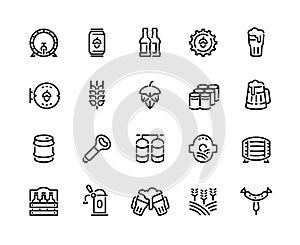 Beer line icons. Glass bottles pack kegs wooden mug and barrel, alcoholic beverages and barley hop drinks. Vector