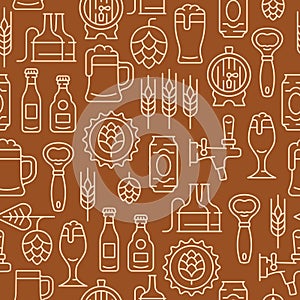 Beer line seamless background. Vector pattern with mug of beer, hop cone, barley ear, barrel, opener, bottle