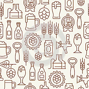 Beer line seamless pattern. Vector background with mug of beer, hop cone, barley ear, barrel, opener, bottle