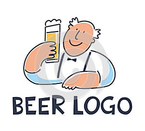 Beer logo. Cheerful man with a glass of beer in his hand