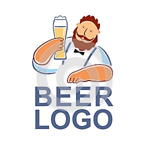 Beer logo. Cute bearded man with a glass of beer in his hand