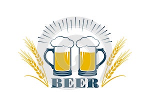 Beer logo, icon or label. Brewery, pub or bar emblem design template with beer mugs. Vintage alcohol drink badge