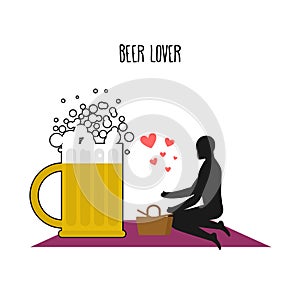 Beer lover. Lovers on picnic. Rendezvous in Park. Mug of beer an