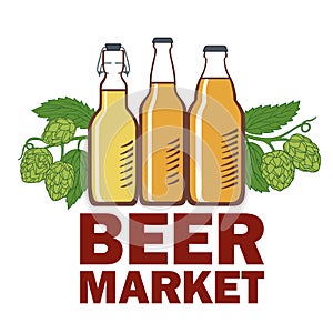 Beer market logo. Beer bottles and hops. Color vector graphics