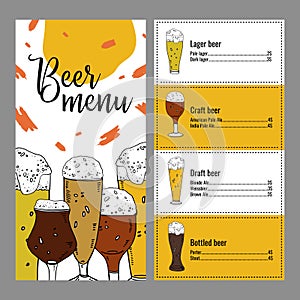 Beer menu design template with list of different style drinks. Two pages. Hand drawn colorful vector illustration
