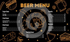 Beer menu design template with list of drinks. Glasses and food sketch illustration. Hand drawn outline vector