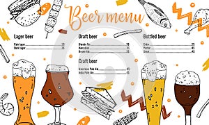 Beer menu print template. Drink glasses and food. Hand drawn vector illustration