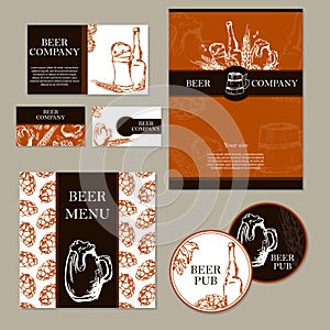 Beer menu. Retro card or flyer. Restaurant theme. Business cards collection. Vector illustration.