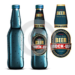 Beer-mock-up-set,blue bottle without a label, bottle with a label and a separate labels. Highly realistic illustration.
