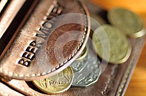 Beer Money. Aussie coins out of a leather wallet