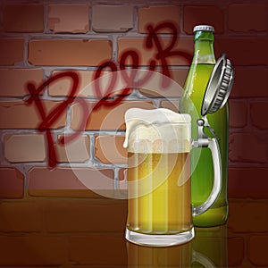 Beer mug, bottle, brick wall, the word beer. Vector