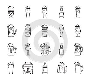 Beer mug charcoal draw line icons vector set