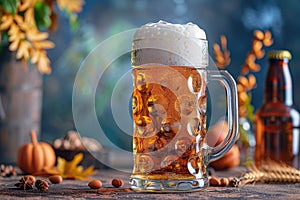 Beer mug with fresh pretzels or brezen at Oktoberfest, ai generated