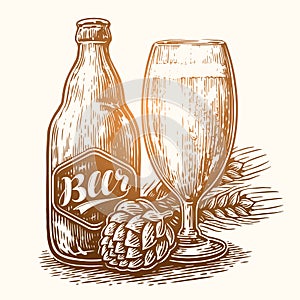 Beer mug and glass bottle filled with drink ale. Vector illustration, hand drawn sketch style