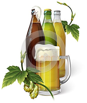 Beer mug, hops, three beer bottles
