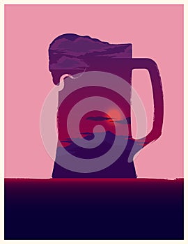 Beer mug illustration with sunset inside.