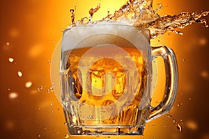 A beer mug on plain background. The beer is pale golden in color and have thick white foam on top. There was a little beer