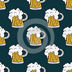 Beer Mug Seamless Pattern, Hand Drawn doodle background. Vector illustration