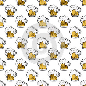 Beer Mug Seamless Pattern, Hand Drawn doodle background. Vector illustration