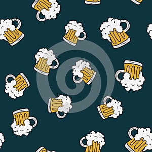 Beer Mug Seamless Pattern, Hand Drawn doodle background. Vector illustration