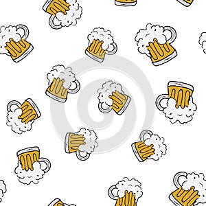 Beer Mug Seamless Pattern, Hand Drawn doodle background. Vector illustration