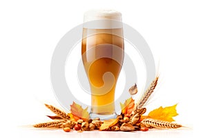 Beer in mug with wheat ears spikelets on white background. Mugs with drink like Ipa, Pale Ale, Pilsner, Porter or Stout