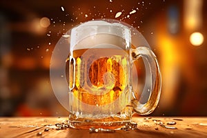 A beer mug on the wooden table. The beer is pale golden in color and have thick white foam on top. There was a little beer