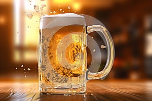 A beer mug on the wooden table. The beer is pale golden in color and have thick white foam on top. There was a little beer