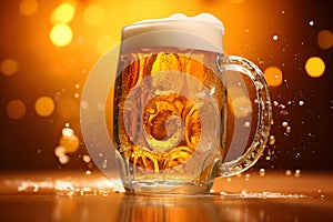 A beer mug on the wooden table. The beer is pale golden in color and have thick white foam on top. There was a little beer