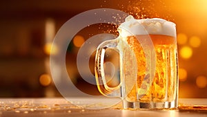 A beer mug on the wooden table. The beer is pale golden in color and have thick white foam on top. There was a little beer