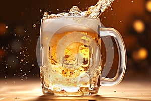 A beer mug on the wooden table. The beer is pale golden in color and have thick white foam on top. There was a little beer