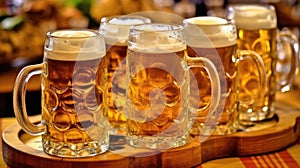 Beer mugs with fresh pretzels or brezen at Oktoberfest, Munich, Germany