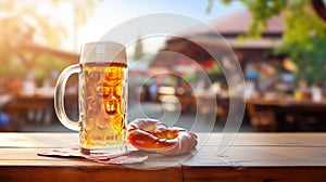 Beer mugs with fresh pretzels or brezen at Oktoberfest, Munich, Germany