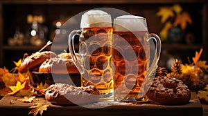 Beer mugs with fresh pretzels or brezen at Oktoberfest, Munich, Germany