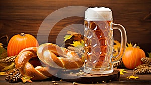 Beer mugs with fresh pretzels or brezen at Oktoberfest, Munich, Germany