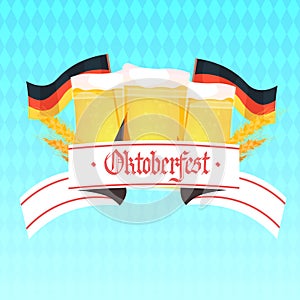 Beer mugs with german flags Oktoberfest festival party celebration concept lettering greeting card