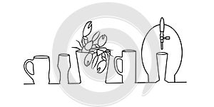 Beer mugs and glasses, a crayfish bucket and a barrel for cooling and pouring beer are lined up and drawn with a continuous line