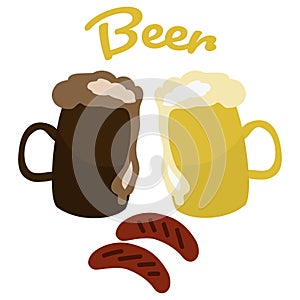 Beer in mugs is light and dark. And grilled sausages. Vector. In the style of hand drawing