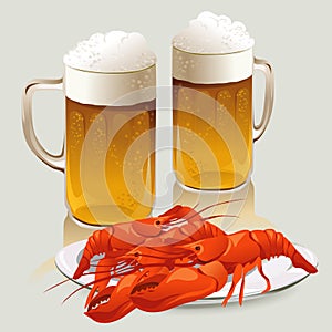 Beer mugs and a plate of crayfish