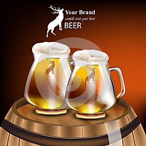 Beer mugs Vector realistic design. Mock up product packaging. Wood barrel red background illustrations