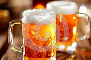 Beer mugs on a wooden table in a pub or restaurant.