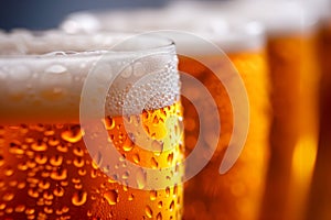 Beer mugs on a wooden table in a pub or restaurant.