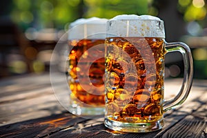 Beer mugwith fresh pretzels or brezen at Oktoberfest, ai generated