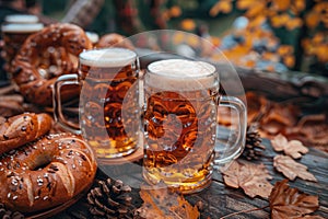 Beer mugwith fresh pretzels or brezen at Oktoberfest, ai generated