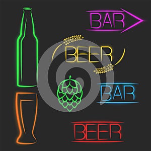 Beer multicolored vibrant neon signs, luminous advertising set banners words bar, beer bottle, glass, ear of wheat, cone of hops