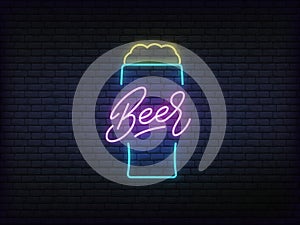 Beer neon glowing sign. Bright vector label of beer mug and lettering