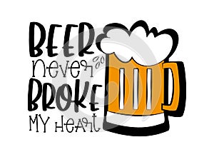Beer never broke my heart- funny text with beer mug.