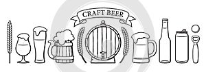 Beer objects set. Beer glasses of different shape, mugs, old wooden barrel, bottle, can, opener, cap, barley, wheat